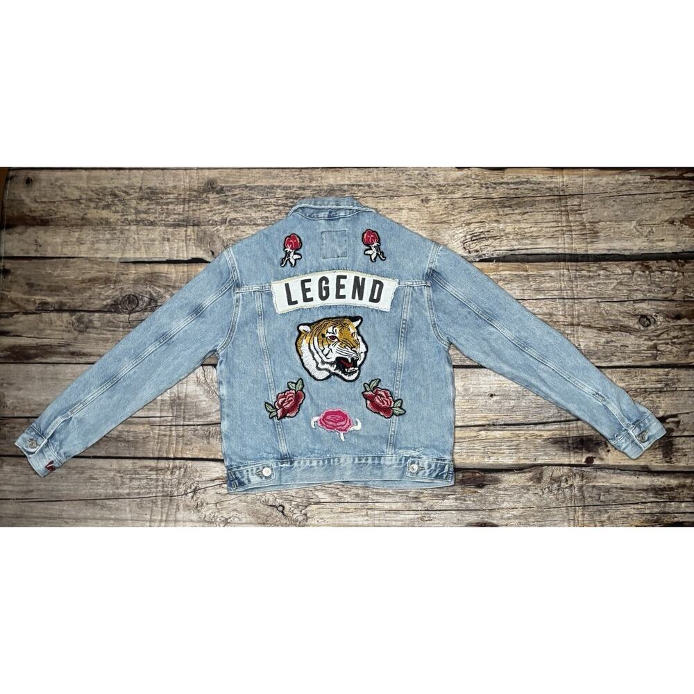 LTB Floral Denim Boyfriend Jacket w/ Patches Embroidered Womens Size Small Blue